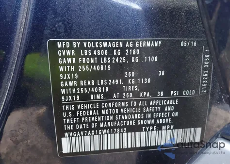 2016 Volkswagen Tiguan R-Line z USA, uszkodzony, nr VIN WVGAV7AX1GW617842
